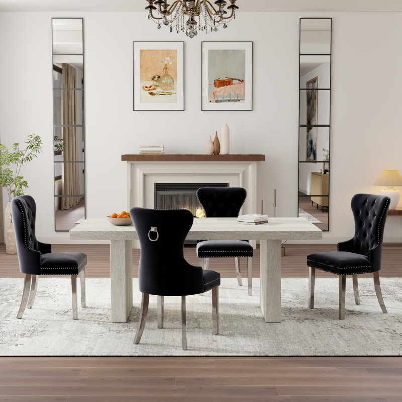  Cavira 5-Piece Modern Dining Set, Faux Marble Dining Table With Four Chairs, Black, Black, 5 Pieces: Table, 4 Chairs