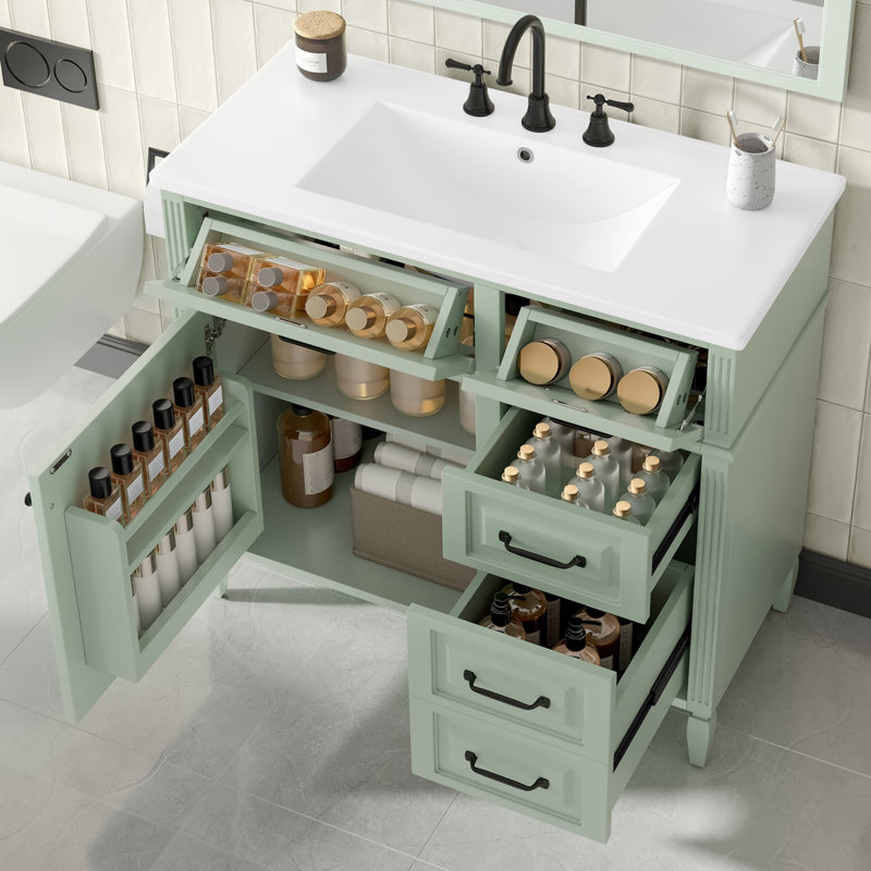 36"W Freestanding Single Vanity with Ceramic Sink Top, Drawers and An Adjustable Shelf, Green/Black