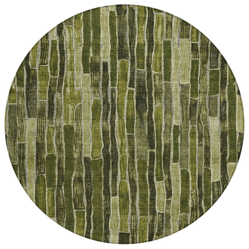 Machine Washable Indoor/Outdoor Christain ACN1305 Olive Rug, Round 8'
