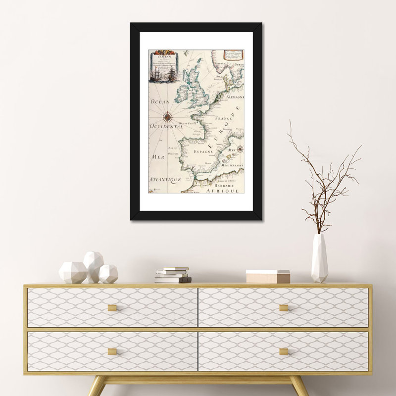 Ancienne carte de l'Europe de l'Ouest antique - Estampe numérique sur toile tendue avec châssis, H 32 po x l 24 po x P 1 po