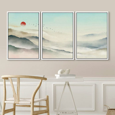 «Abstract Landscape Mountain Range Misty Valley», peinture sur toile flottante 3 pièces