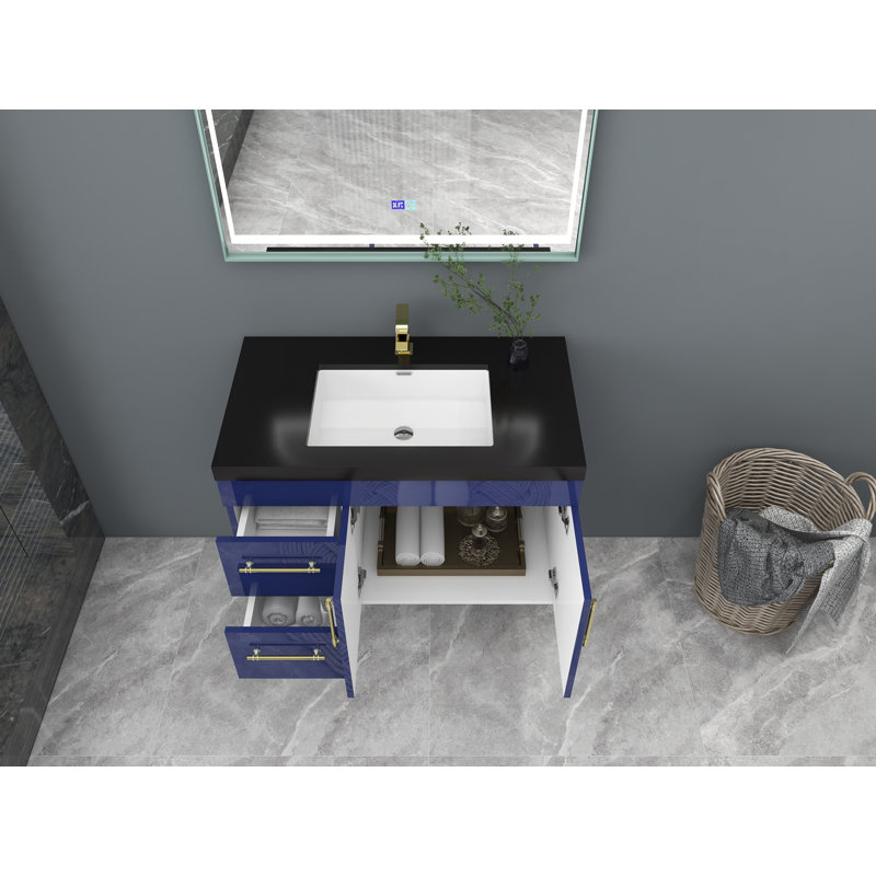 Ensemble de meuble-lavabo mural simple 36 po Camoren, Bleu nuit brillant, Or mat