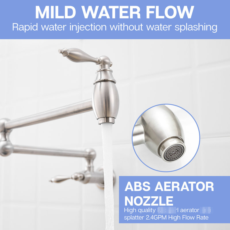 Commercial Kitchen Wall Mount Pot Filler Faucet, Brushed Nickel, Brass Material, Stretchable Double Joint Arms, Style A, Classic Design, Leak - , 360 Rotation, Dual Handles Filler, Mounted Faucet