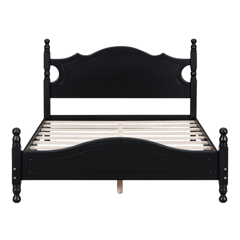 Cadre de lit plateforme en bois, lit plateforme de style rétro avec support en lattes de bois,, Noir, noir, noir, noir