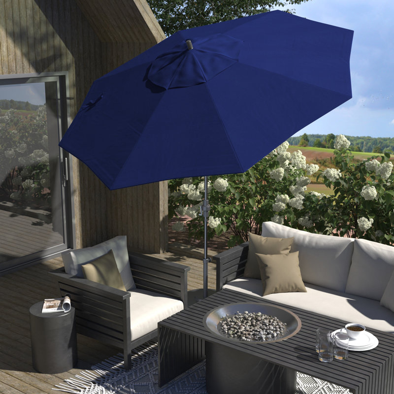 Parasol de patio gris 11 pieds avec manivelle en aluminium Sunbrella bleu, Sunbrella® bleu véritable