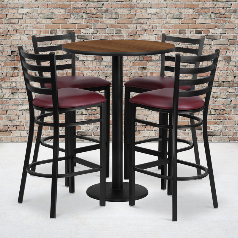 Aniket 30'' Round Laminate Table Set with Round Base and 4 Ladder Back Metal Barstools, Walnut, Burgundy