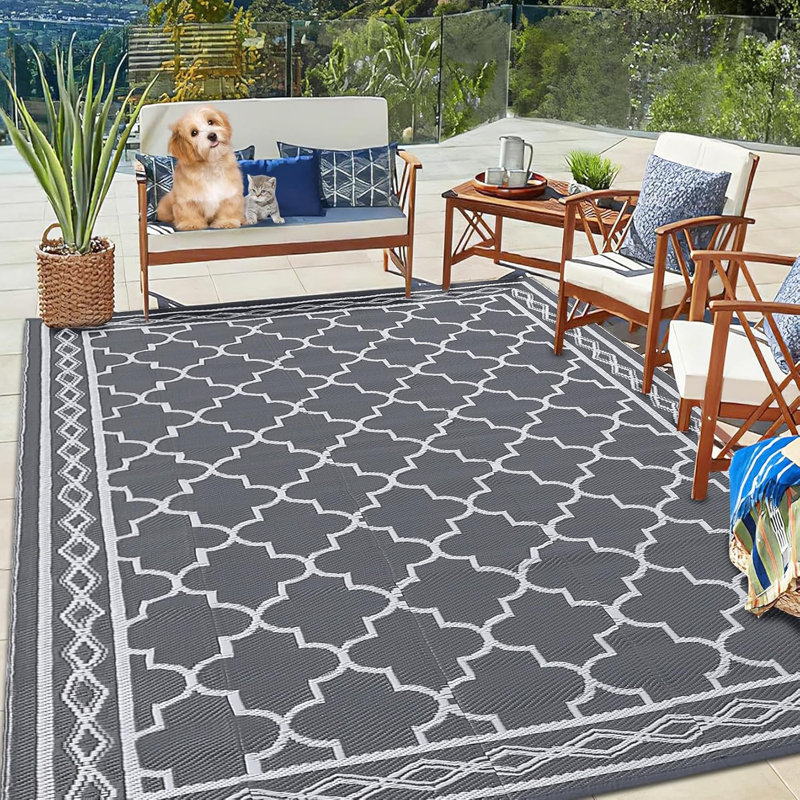 Waterproof Outdoor Plastic Straw Rug – Modern Geometric Patio, Camping & RV Mat with Portable Bag and 4 Stakes