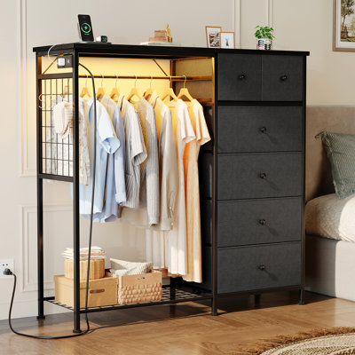 6-Drawer Storage Dresser with LED Lights, Hanging Rack & Charging Station