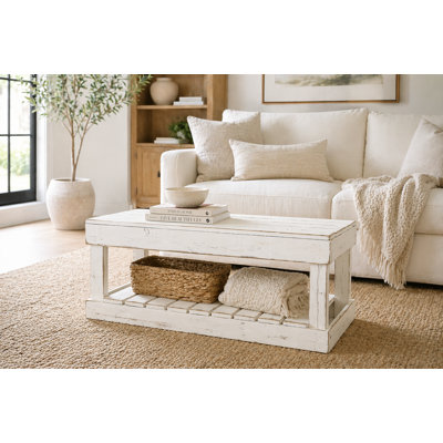 Table basse en bois de récupération massif moderne 40 po avec tablette à lattes (blanc)