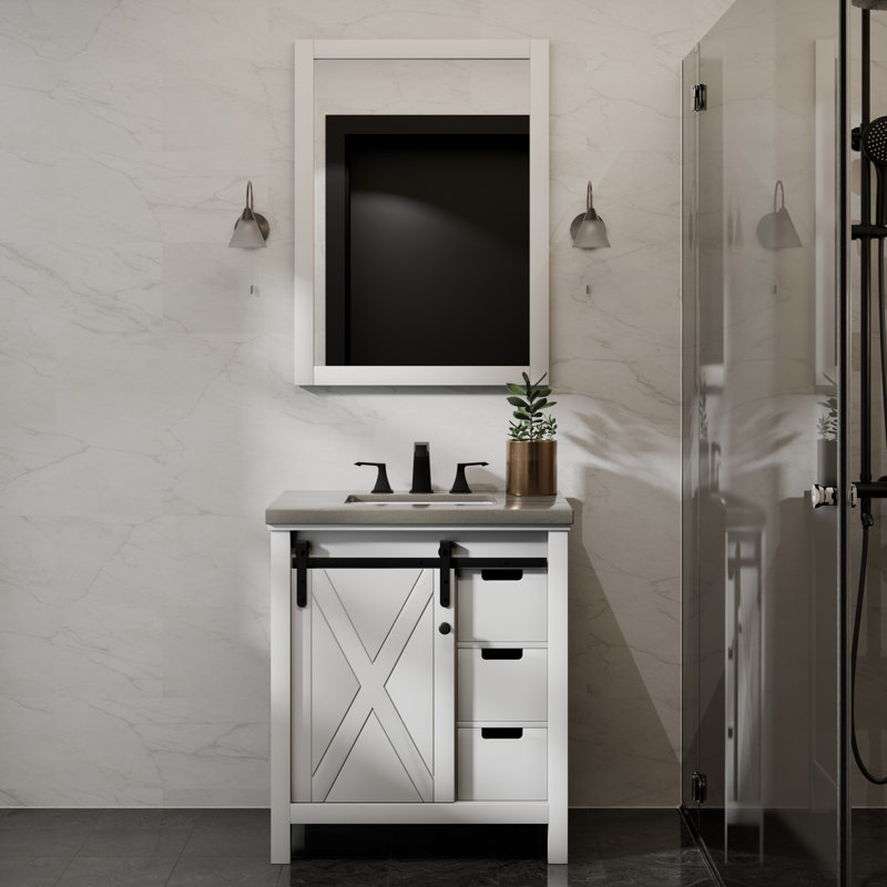 Meuble-lavabo simple avec plateau en marbre l 30 po x P 22 po Marsyas, Blanc, Quartz gris