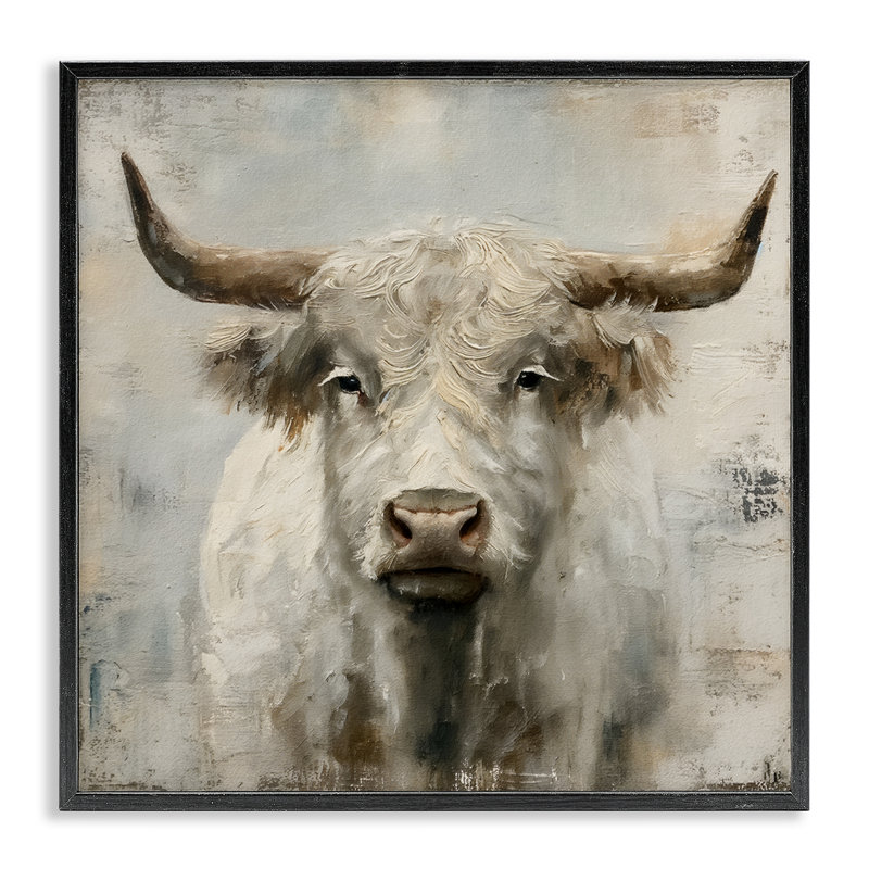 «Fluffy Longhorn Bovins», estampe numérique par Steve Huntziker, H 12 po x l 12 po, Giclée encadrée noir minuit