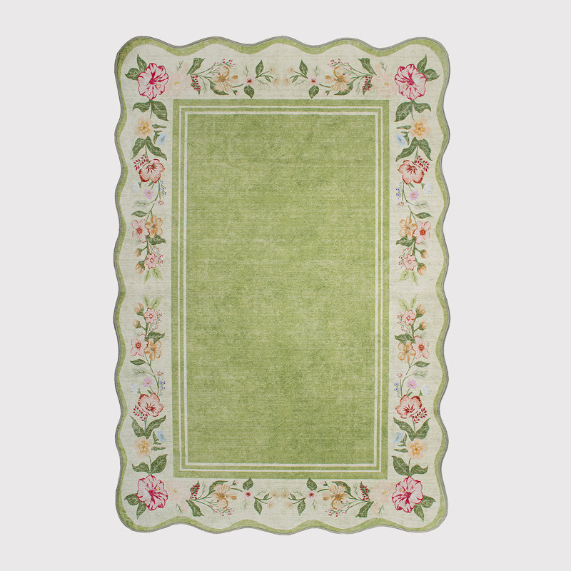 Scalloped Border Floral French Country Sage Green Area Rug, Rectangle 5' x 7'