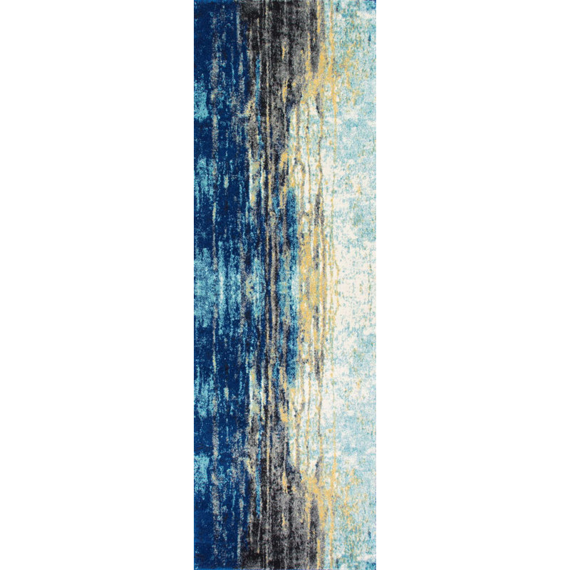 Melanarka Abstract Power Loom Performance Blue Rug, Runner 2'6" x 10'