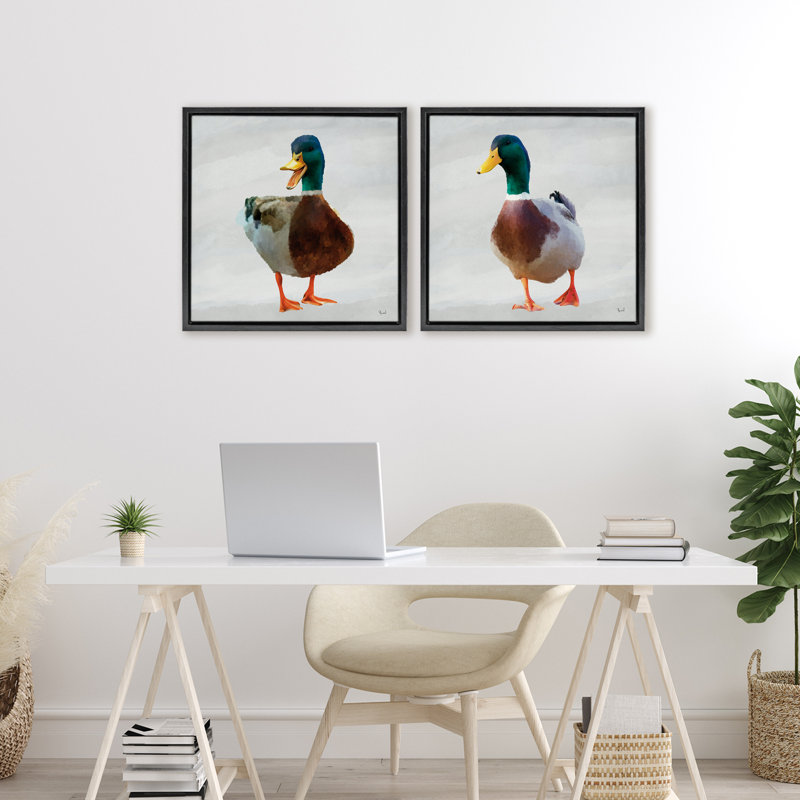 Paire de cadres flottants 2 pièces Squawking Ducks, design par Renel Peters, Cadre flottant noir de jais, H 18 po x l 18 po
