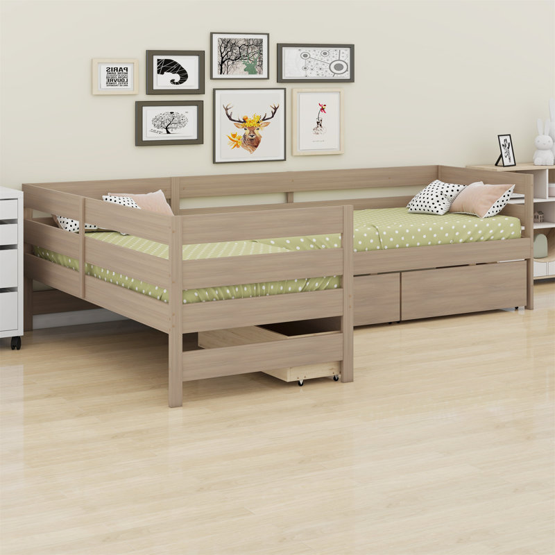Lit plateforme en L avec trois tiroirs de rangement, Naturel