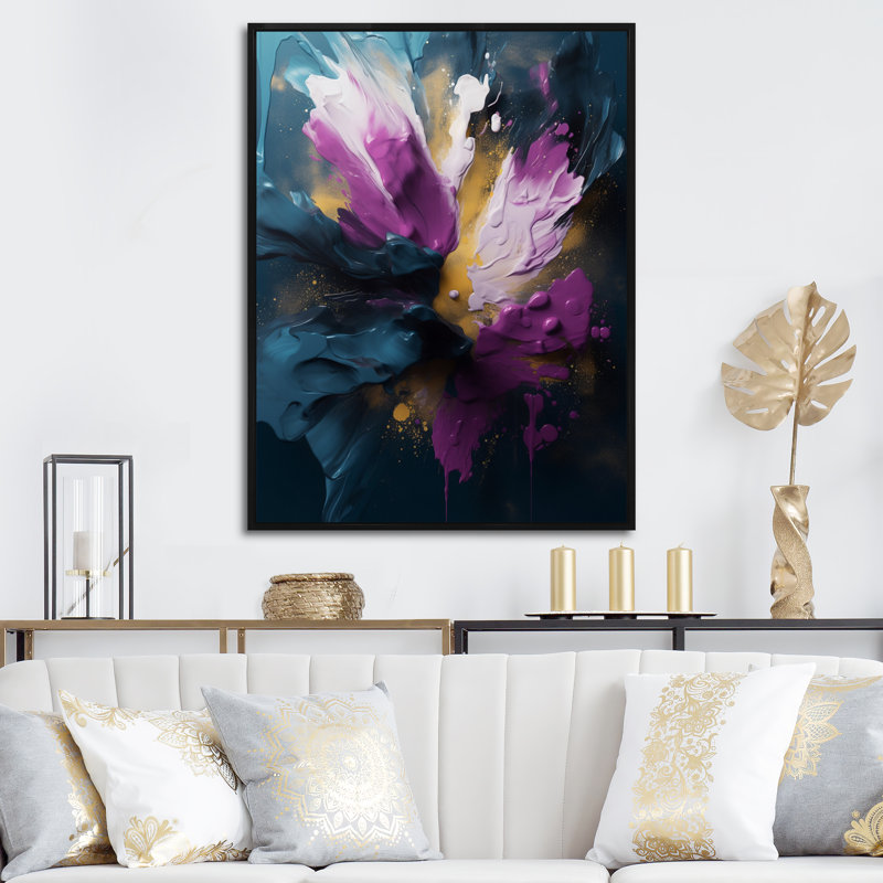 «Mauve et bleu, réalités sur toile I», art abstrait encadré, H 20 po x l 12 po x P 1 po, Cadre flottant noir