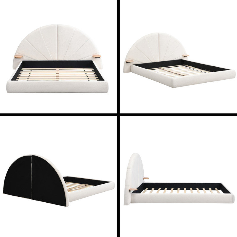 Grand lit capitonné arqué avec table d'appoint, beige