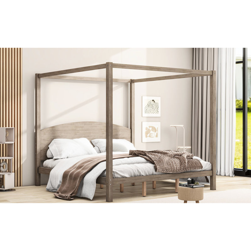 Très grand lit plateforme à baldaquin avec tête de lit, pieds de soutien en brun délavé - pieds luxueux, apparence, Brun