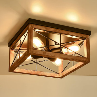 4-Light Farmhouse Modern Rustic Flush Mount Ceiling Light Wood and Metal 12.99 x 12.99 x 6.89 Inches Wood