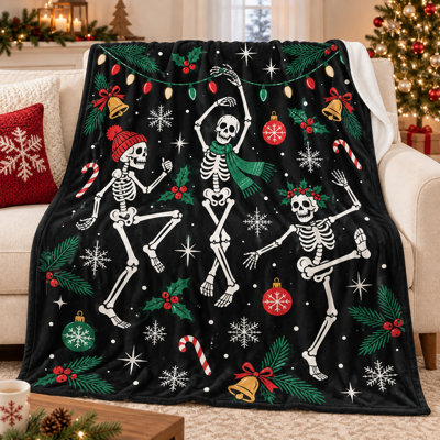 Festive Skeleton Christmas Blanket, Black Flannel Throw with Winter Hats, Holly and Snowflakes for Couch, Bed, Reading, Travel and Holiday Accent, 30 x 40 in