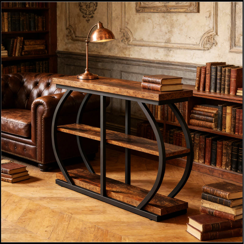 Vaste table d'entrée, console avec deux cadres en métal arqués et une finition brun rustique pour un décor industriel moderne