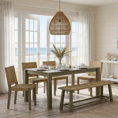 Ensemble de table de salle à manger extensible en bois 6 pièces pour 6, 59 "à 73" table de cuisine extensible avec 4 chaises de salle à manger en rotin et 1 banc, sièges tissés naturels, ensemble de mobilier de salle à manger de style campagne moderne