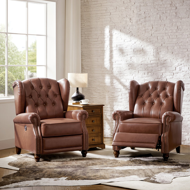 Cherri 32.5" Genuine Leather Wingback Power Recliner With USB And Type-C Charging Ports(Set Of 2), Brown