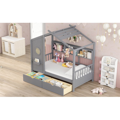 Wooden Twin Size House Bed With 2 Drawers,Kids Bed With Storage Shelf