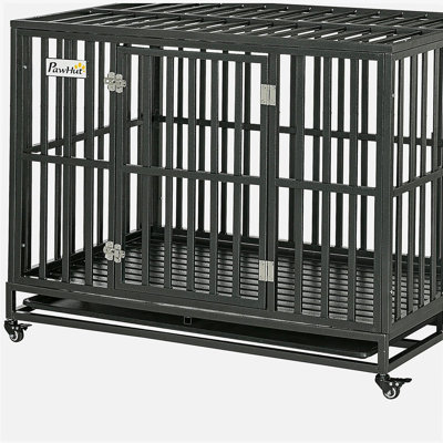 PawHut Heavy Duty Dog Crate Metal Kennel and Cage Dog Playpen with Lockable Wheels, Slide-out Tray and Anti-Pinching Floor, 45" x 29.5" x 35"