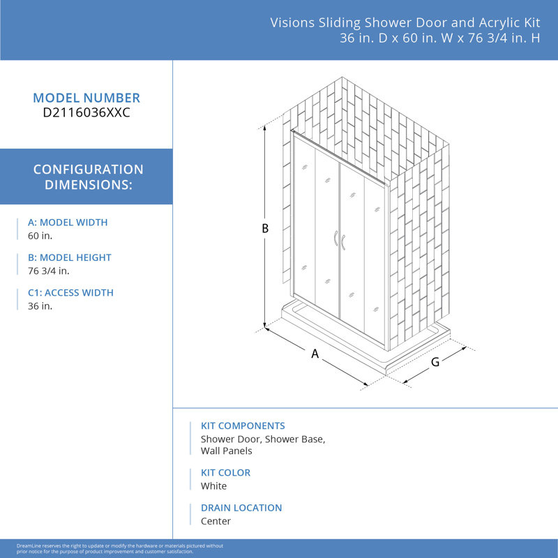 Visions 60" Brushed Nickel Semi Frameless Shower Kit with Acrylic Wall