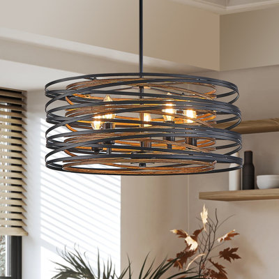 20" Rustic Industrial Pendant Light, 5-Light Black and Walnut Metal Cage Chandelier with Wood Accents for Kitchen Island and Dining Room (No Bulbs)