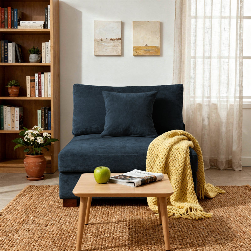 Upholstered Blue Chenille Armless Chair with Pillow Back, Single Chair Module Part For Sectional Sofa, Chenille, Blue