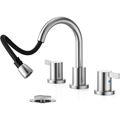 Pull Down Sprayer Bathroom Sink Faucet, 2 Handles 3 Hole Widespread Pull Out Bathroom Faucet,With Pop Up Drain And Water Supply Line