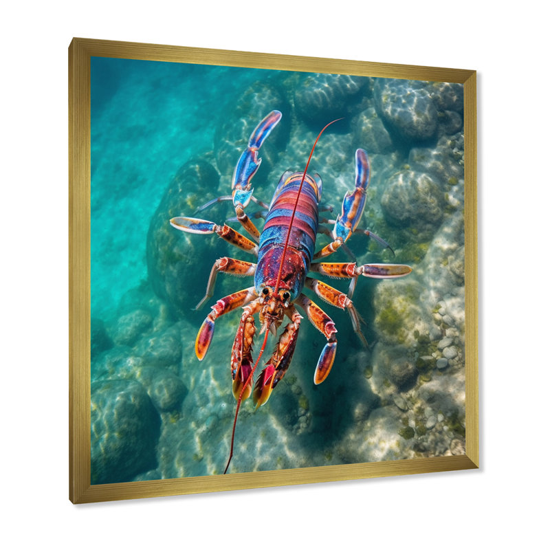 Restivo " Purple Majestic Lobster Turquoise Tropical Water ", 30" H x 30" W x 1" D, Gold Single Picture Framed