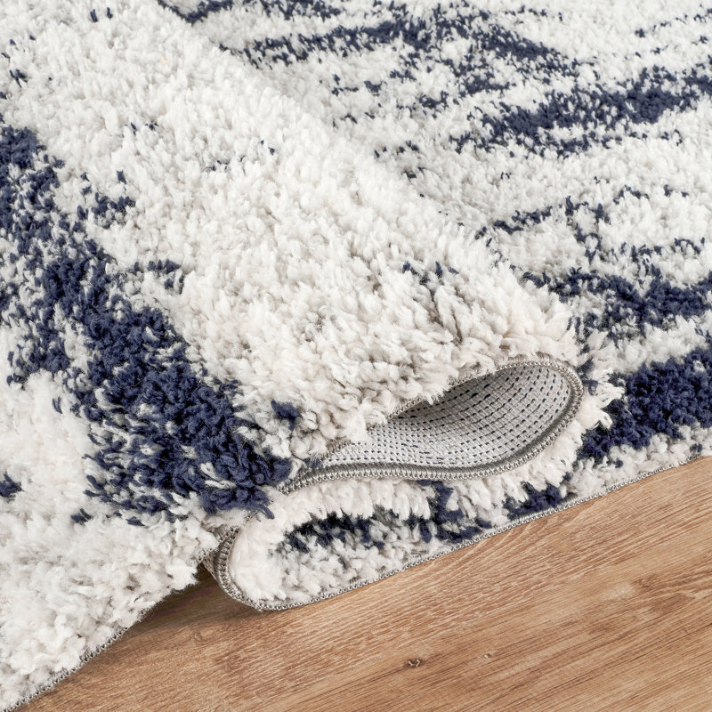 Washable Moss Ivory & Blue Abstract Shag Modern Rug, Ivory/Blue, 2'6" x 8'0"