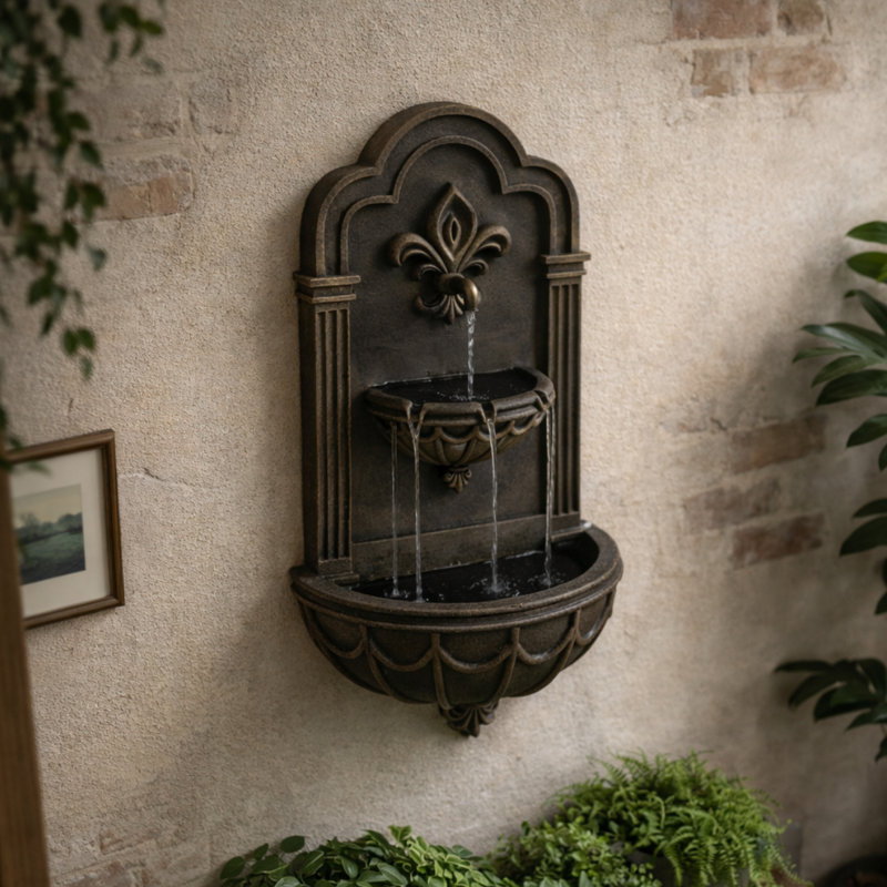 Fontaine extérieure Fleur-De-Lis avec lumière chaude, Noir