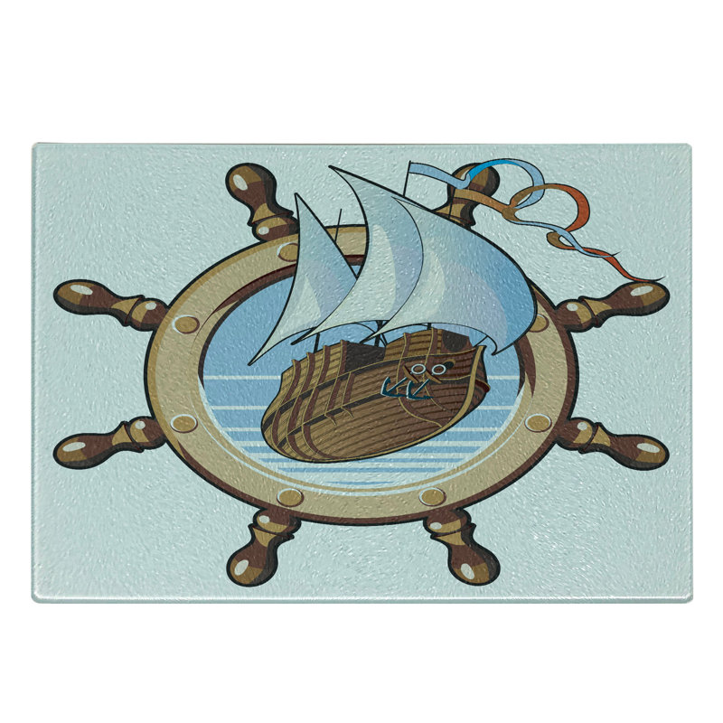 Ambesonne Nautical Tempered Glass Cutting Board Ships Wheel Sailing Brown Blue