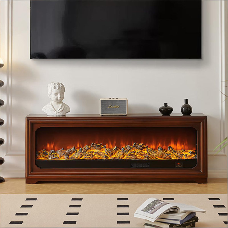 Console 62 po avec foyer électrique en bois massif brun et faux flamme réaliste, 23.62" H x 62.99" W x 12.99" D, Brown