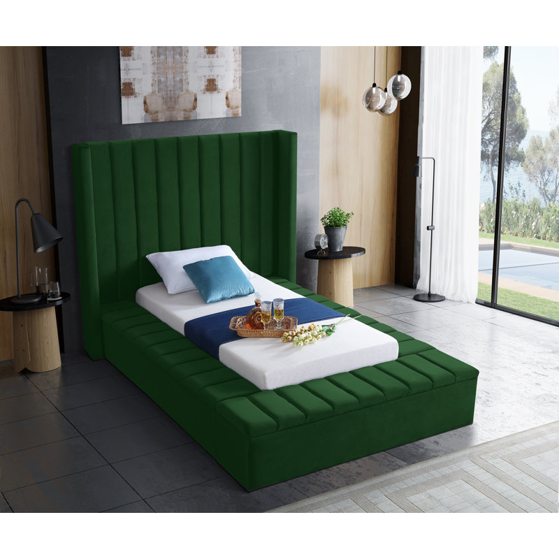 Lit plateforme tapissier avec rangement Rick, Simple, Velours vert