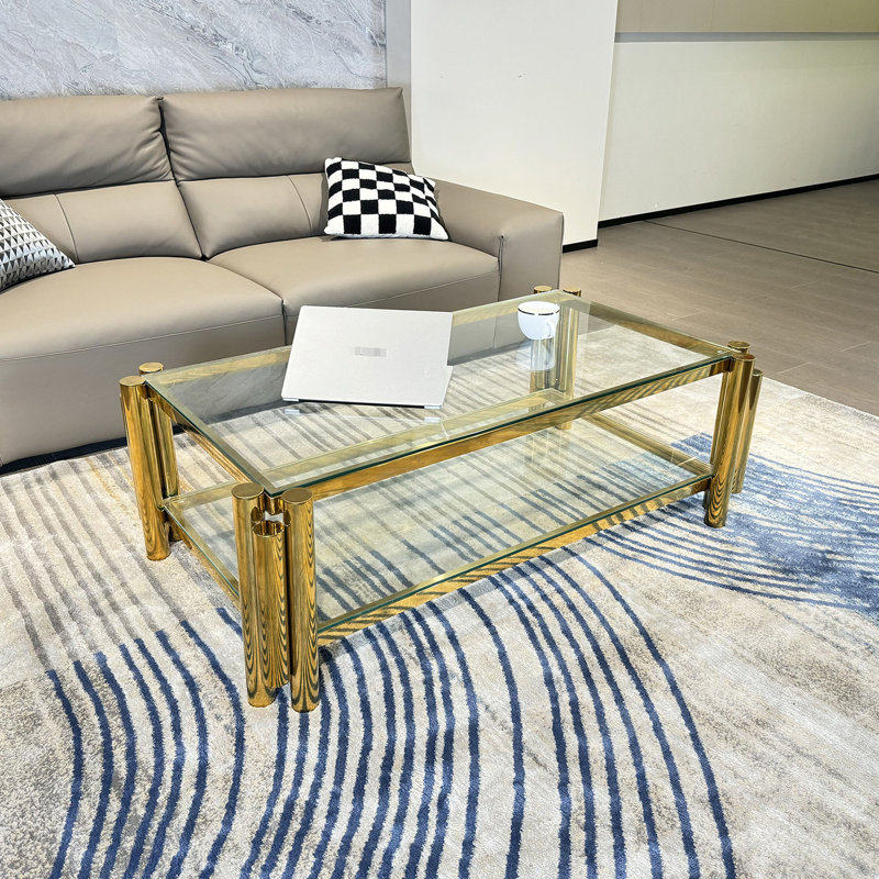 Table basse en verre trempé double couche, moderne, 47 po de largeur, acier inoxydable, or, pour le bureau à domicile, le rangement, facile à nettoyer