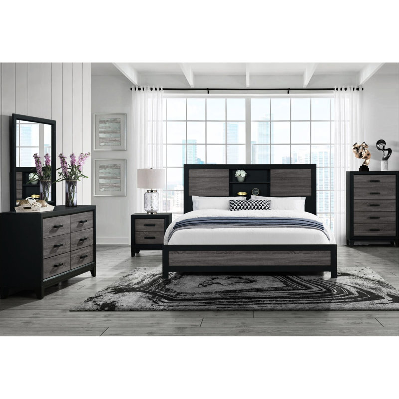 Lit bibliothèque gris foncé et noir pour grand lit, look urbain, bois massif et grand lit rustique, style intérieur