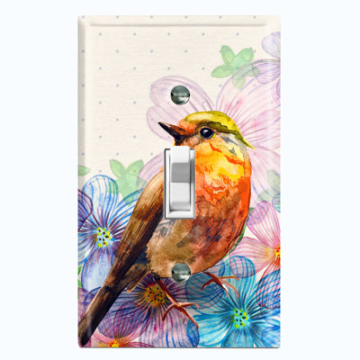 Metal Light Switch Plate Outlet Cover (Colourful Flower Bird Paint Polka Dot Pink - Single Toggle)