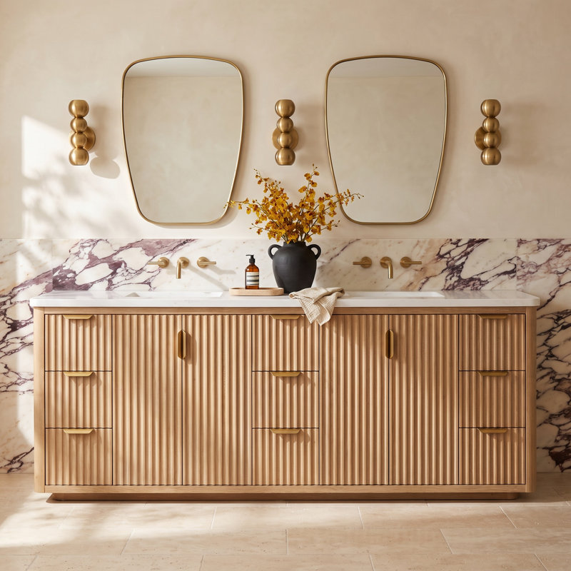 Adela 84'' Double Bathroom Vanity with Stone Top, White, Gold, Brown