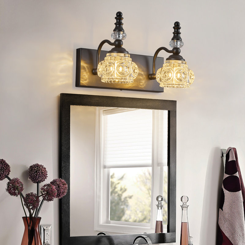 Applique murale rétro avec miroir en verre cristal gaufré Vintage, 2 lumières