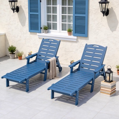 Ensemble de 2 chaises longues d'extérieur en PEHD - Chaises longues ajustables à 5 positions avec roues et porte-gobelets, fauteuils inclinables d'extérieur résistants aux intempéries pour patio, piscine, jardin