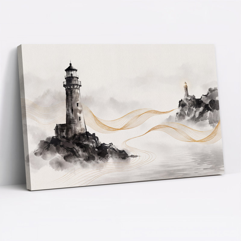 Phares brumeux aux lignes dorées fluides, tableau sur toile, 12"H x 18"W