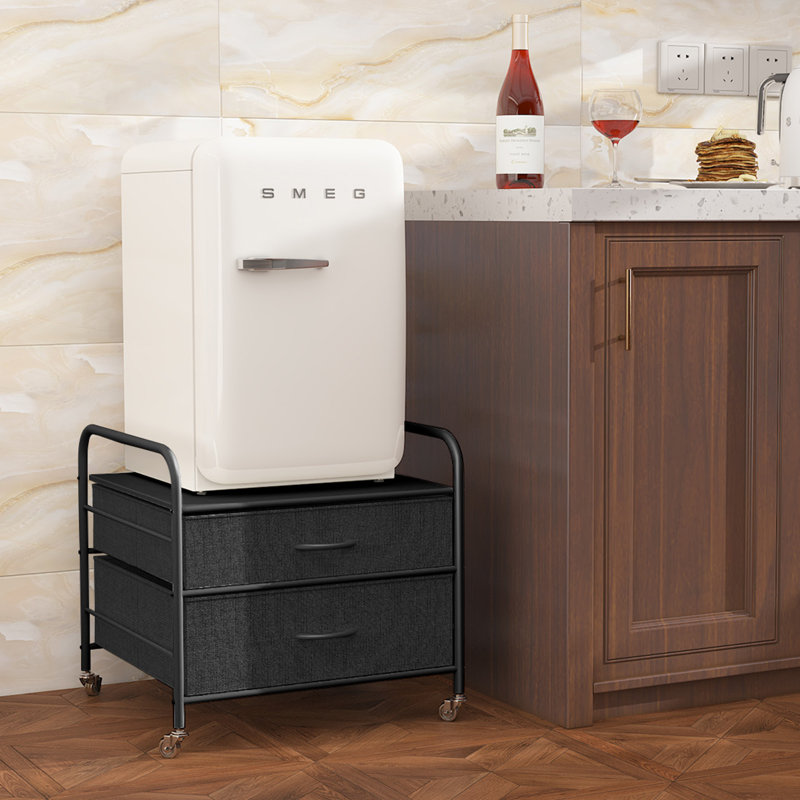 Mini Fridge Stand With Storage, 2 Drawer Fridge Cart, Dorm Fridge Table With 4 Swivel Wheels, Black