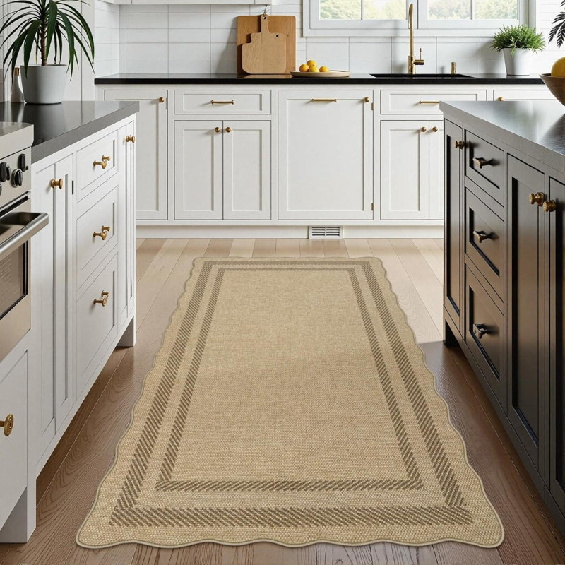 Scalloped Easy Outdoor Rug, Washable Non-Slip Geometri Tan Rugs For Entryway, Indoor Outdoor Farmhouse Rug Morden Carpet Door Mat Area Rug For Bedroom Living Room Kitchen