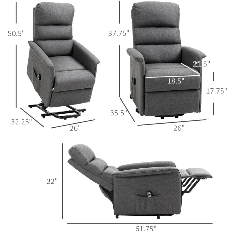Gray Fabric Lift Chair For Elderly Users - Remote Control, Side Pockets Storage Electric Recliner Power Feature, Home