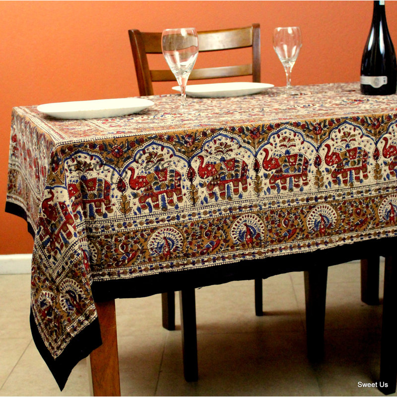 Cotton Floral Tablecloth Rectangle, Blue/Red, 104" L x 70" W